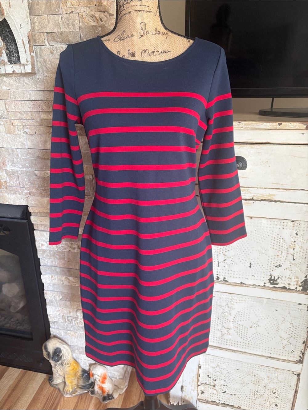 Brooks Brothers red fleece knit dress nautical red and blue stripe 3/4 sleeve